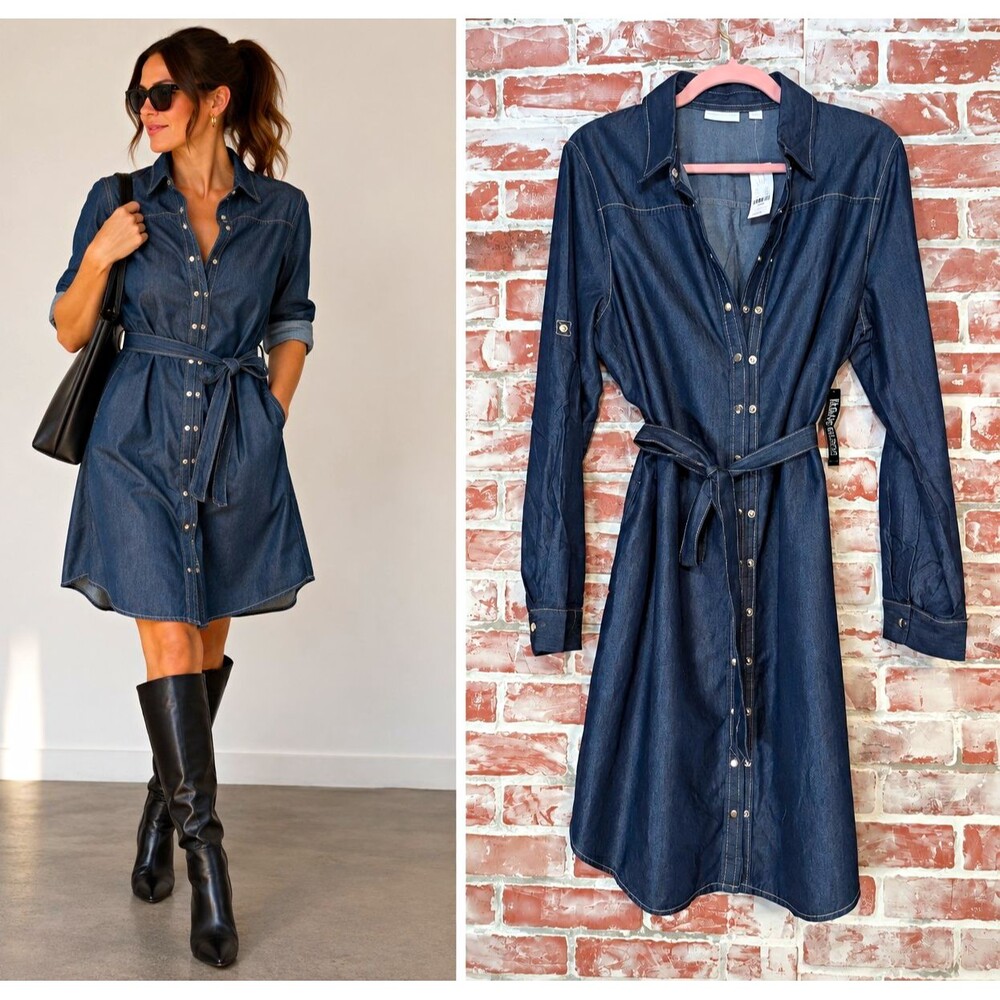 New York & Company NWT Denim Belted Shirt Dress – Western Chambray Midi Dress L